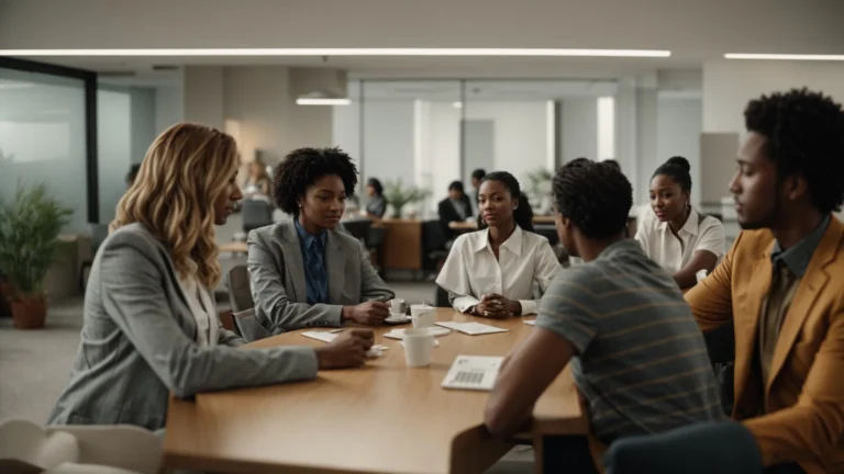 two groups of people gather around tables discussing health insurance options in an office setting.