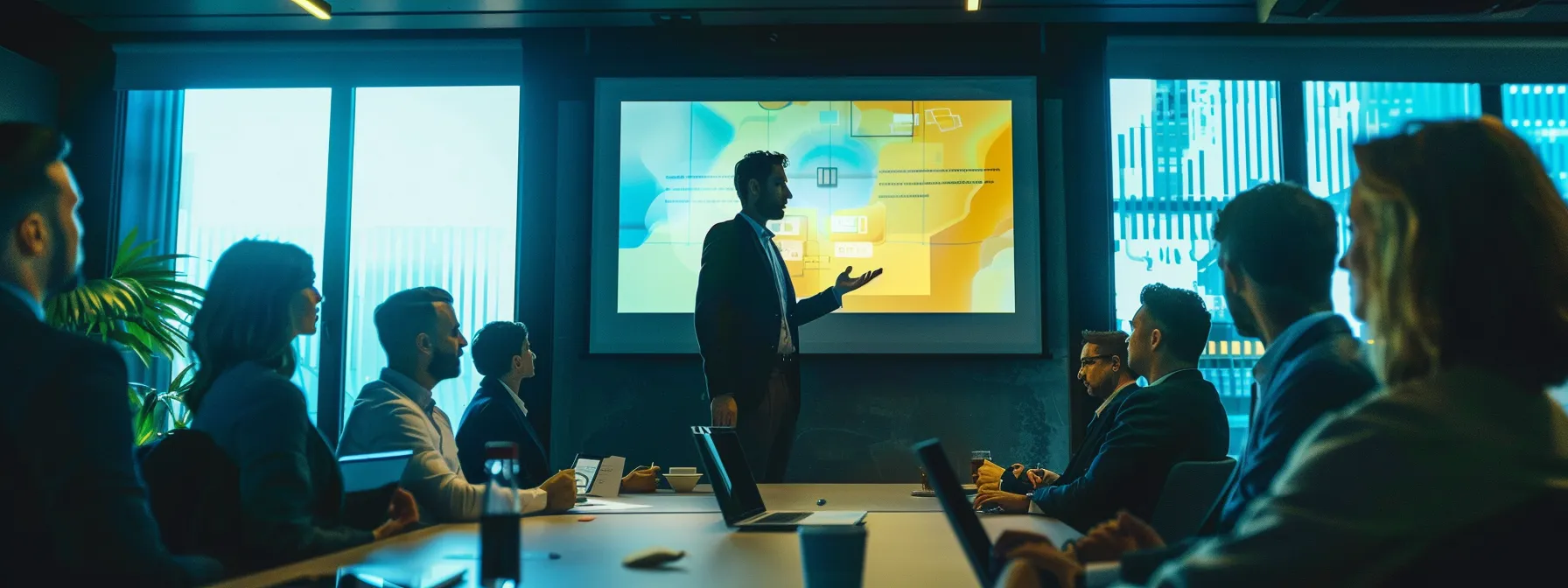 a group of business professionals engaged in a focused discussion around a digital presentation on generative engine optimization.