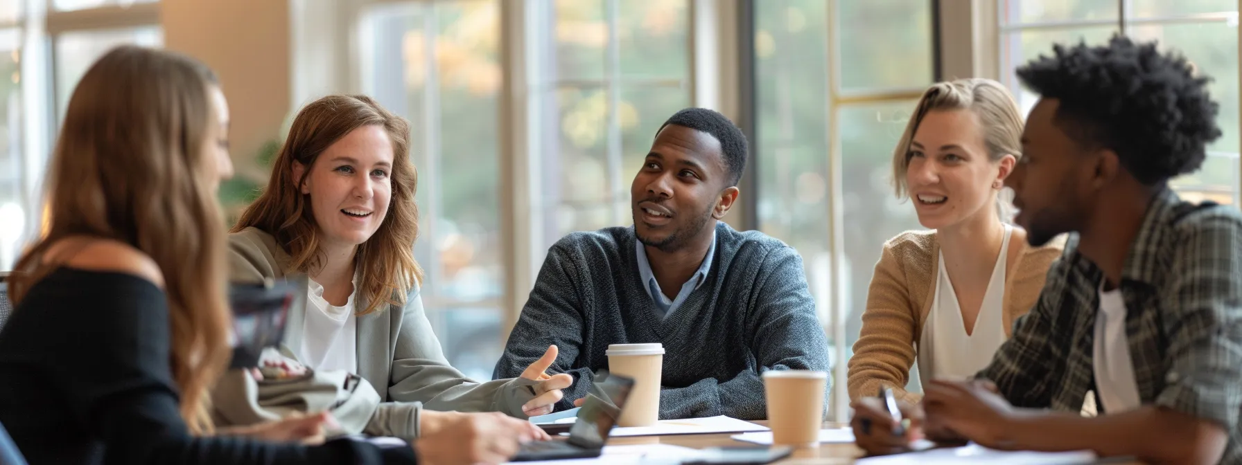 a group of consultants brainstorming and discussing employee benefits packages for small businesses in michigan.