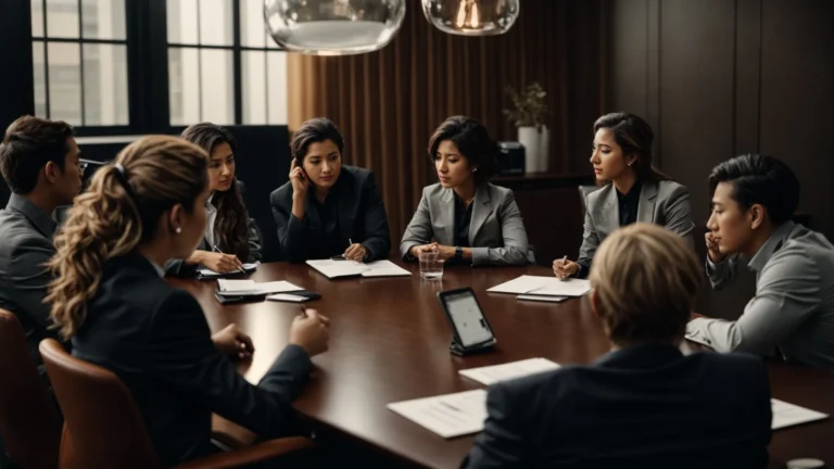 a team of professionals gathers around a conference table, discussing strategies.