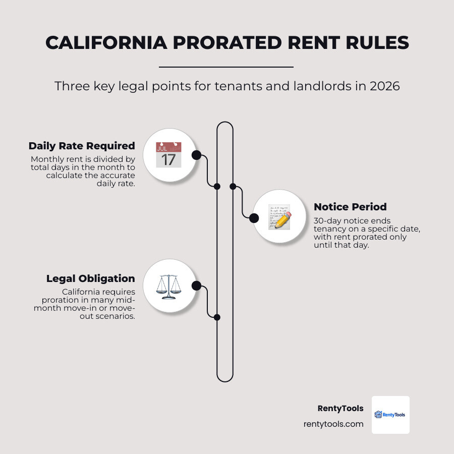 Infographic showing prorated rent formula, daily rate calculation, and California-specific rules for mid-month move-in and