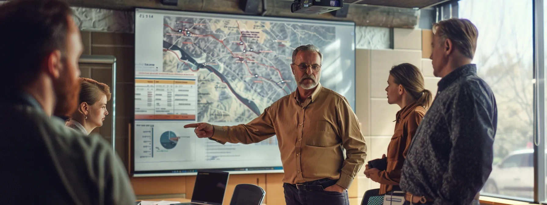 a group of professionals in a meeting room, pointing to a map of michigan with a focus on employee benefits consulting.