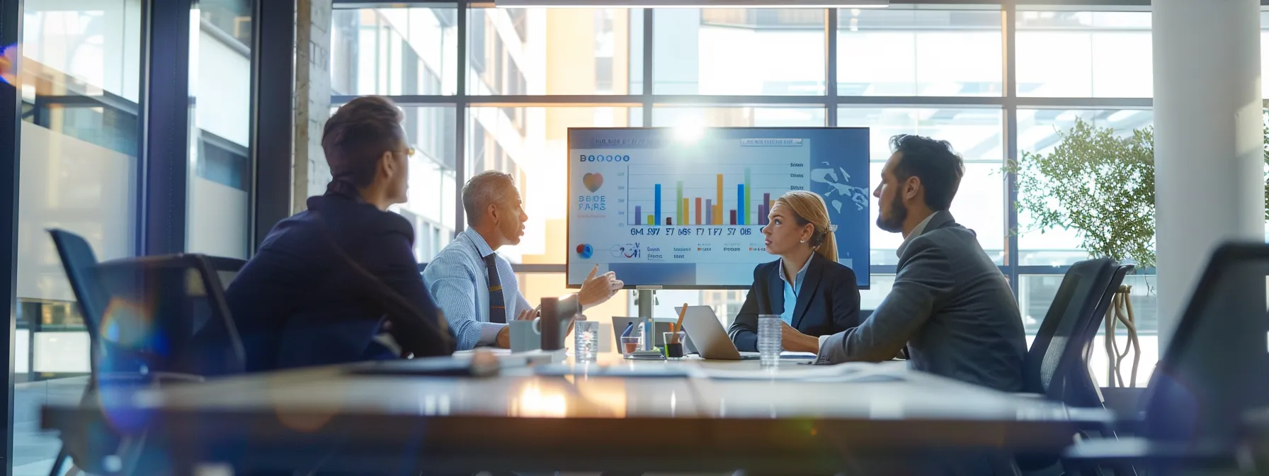a group of professionals in an office meeting room discussing health insurance options with a chart of brand equity index on the screen.