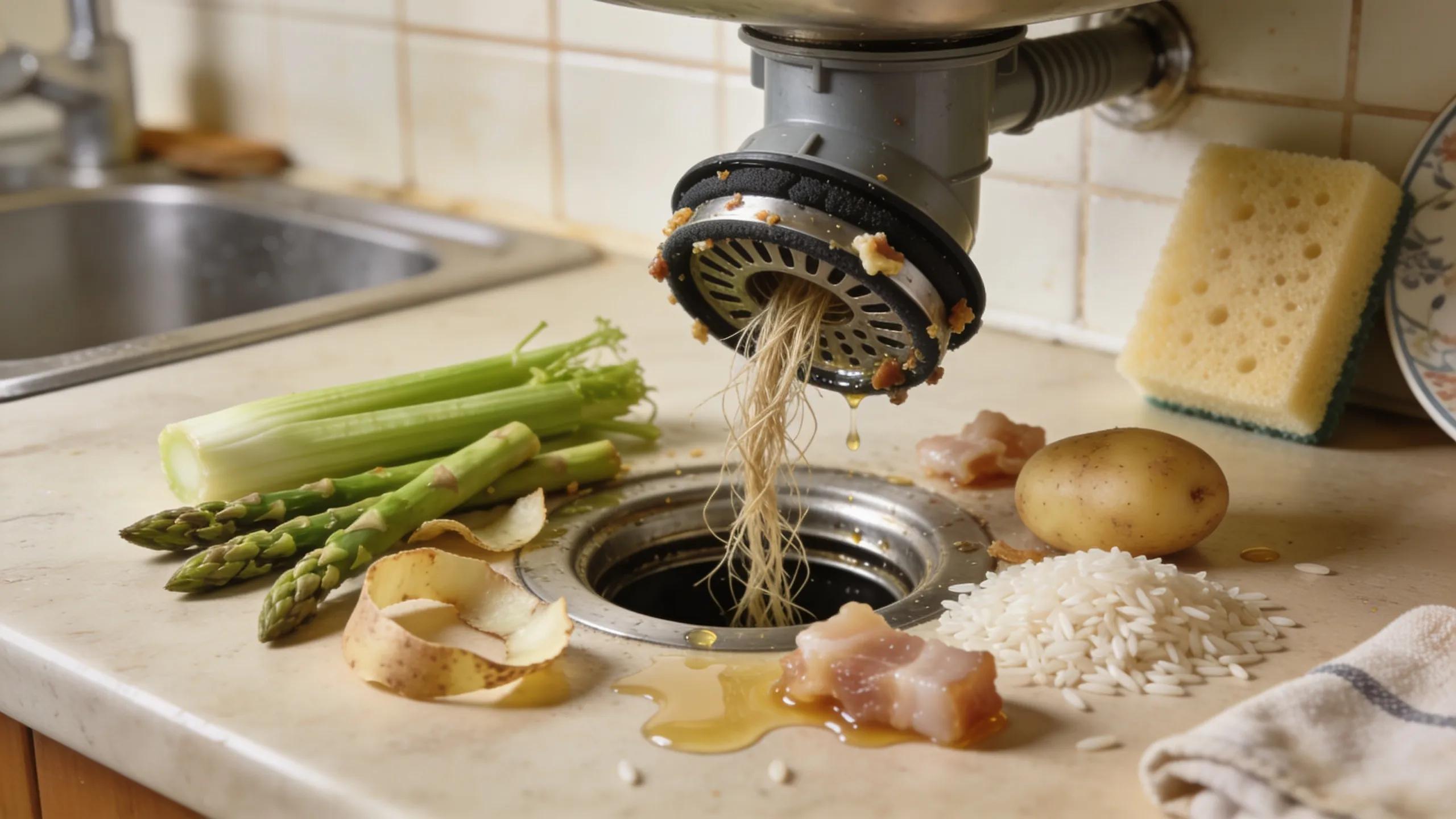 Fibrous vegetables and starchy foods surrounding a garbage disposal illustrating common clog causes